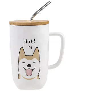 lachineuse – Hundetasse DOG Collection – Happy Dog – Porzellantasse – 600 ml – mit Deckel, Strohhalm und Löffel – für Kaffee, Tee, heiße Schokolade – originelle Geschenkidee