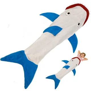 Kanguru Hai Decke zum anziehen, Shark Blanket für Kinder, weiche Mikrofaser-Fisch Plaid, für Sofa, Reisedecke 142cm lang, mit Flosse, Geschenkidee Geburtstag, Grigio, Blu, Rosso