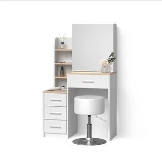 Livinity® Schminktisch Loreta Weiß/Sonoma 80 cm mit Hocker , Weiß, Sonoma Eiche , Holzwerkstoff , 4 Schubladen , Rechteckig , 80x131.6x36 cm , Schlafzimmer, Schminktische
