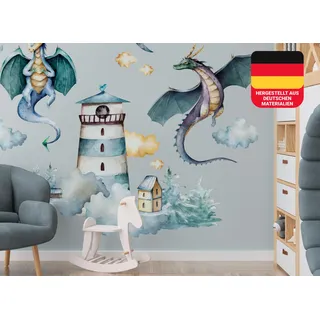 Osomhome Wandtattoo Kinderzimmer Mädchen & Junge: Drachen & Leuchtturm (190x140cm) | Wandsticker & Wanddeko Kinderzimmer | Wandaufkleber, Wall Stickers os9602
