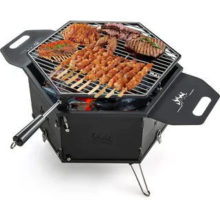 COSTWAY 2 in 1 großer Holzkohlegrill mit 360° drehbarem Grill, Campinggrill mit Griffen zum Kochen & Heizen, Feuerschale klappbar 77x74x38cm - Schwarz
