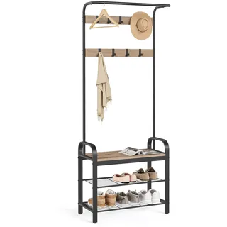 VASAGLE Garderobenständer, Garderobe, mit Schuhbank, 4-in-1 Design, 9 abnehmbare Haken, Kleiderstange, Eingangsbereich, Flur, 33,7 x 72 x 183 cm, Industrie-Design, Kamelbraun -tintenschwarz HSR040K02