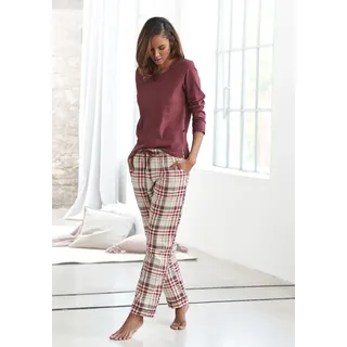 Pyjama H.I.S, Damen, Gr. 32, beige (bordeaux, bordeaux, creme, kariert), Single Jersey, Obermaterial: 100% Baumwolle, gemustert, kariert, mehrfarbig, Basic lang, Rundhals, Homewear-Sets Pyjama, mit karierter Schlafhose