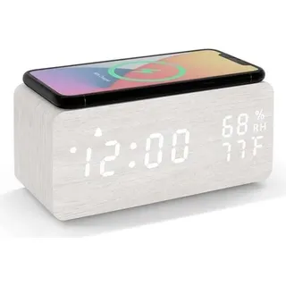Digitaler Wecker aus Holz mit LED-Anzeige, Temperatur- und Luftfeuchtigkeitsanzeige, kabellosem Laden, Schlummerfunktion, Kinderwecker, dekorativer Wecker fürs Schlafzimmer