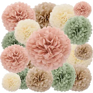 BestoFun 16 Stück Salbeigrün Creme Seidenpapier Pompoms Deko Altrosa Beige Pompons Herbst Deko Autumn Decor für Hochzeit Baby Shower Geburtstag Taufe und Partydekoration