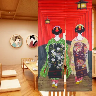 LIGICKY Japanische Noren Lang Vorhang Türvorhang Tapisseri Fliegen Insektenvorhang Raumteiler 85 x 150 cm ,Rot(Kyoto-Geisha-Mädchen am Fushimi Inari-Schrein)