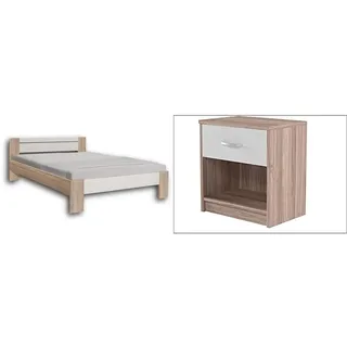 Stella Trading Vega Stilvolles Futonbett 140 x 200 cm - Komfortables Jugendzimmer Doppelbett in Eiche Sonoma Optik 145 x 61 x 204 cm & Pepe Nachttisch in Eiche Sonoma Optik, Weiß - 39 x 41 x 28 cm