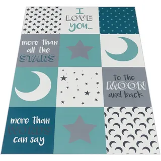 Paco Home Kinderteppich, Kinderzimmer Jungen Herzen Sterne Mond Spruch Blau Grau, Grösse:160x230 cm,