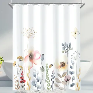 Lerores Duschvorhang 200x160cm, Blumen Pflanze Beschwerter Saum Antischimmel Textil, Wasserabweisend, Waschbar Polyester Stoff Badevorhänge für Badezimmer, Badewanne mit 12 Duschvorhangringe