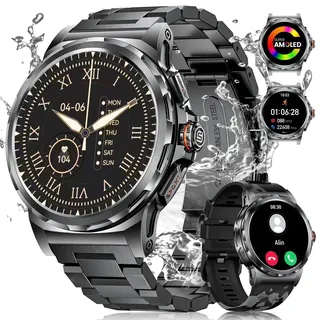 LIGE Militär Smartwatch Herren,1,43" HD AMOLED Smartwatch mit Telefonfunktion,Fitness Tracker,Schwarze Fitnessuhr mit 120+ Sportmodi,Herz-/Schlaftracking,IP68 wasserdicht sportuhr für iOS/Android