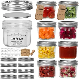 HYCKee Mini-Einmachgläser, 120 ml, 8 Stück, kleine Gläser mit extra Deckeln, kleines Einmachglas für Kräuter, Gewürze, Marmelade, Honig, Gelee, Dessert, Dusche, Hochzeitsgeschenke