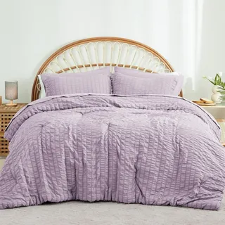 Freyamy Seersucker Bettwäsche 200x220cm 3teilig Lila Geprägt Streifen Strukturiert Bettwaren-Sets Uni Gebürstet Microfaser Weiche Bettbezug mit Reißverschluss und 2 Kissenbezug 80x80cm