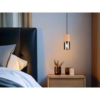 Kleine moderne Pendelleuchte 1-flammig mit Holz & Rauchglas Lampenschirm Ø 10cm