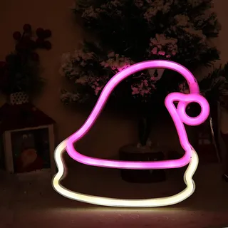 LED Neon Schild Weihnachtsmütze Rot/Weiß 24x22cm - Festliche Deko - USB & Batterie - Bunt