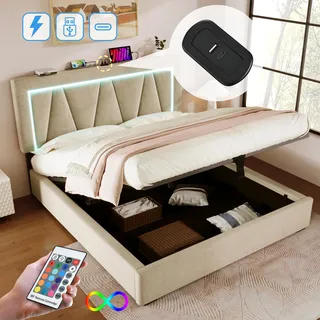 Flieks Boxspringbett 140x200cm mit USB, Polsterbett mit Lattenrost, Doppelbett mit LED, Stauraumbett Jugendbett, Leinen, Beige - Beige