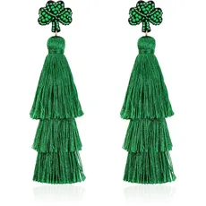 EVER FAITH Grün Quaste Ohrringe für St. Patrick's Day grüne Blatt Boho Gestaffelt Tassel Ohrringe für Damen