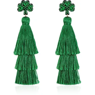 EVER FAITH Grün Quaste Ohrringe für St. Patrick's Day grüne Blatt Boho Gestaffelt Tassel für Damen