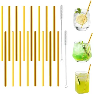 morneve Kurze Cocktail-Strohhalme, Metall, Edelstahl, wiederverwendbar, klein, 15,2 cm, für Cocktails, Party-Zubehör, Gläser, Einmachglas, Becher, Kaffee, Saft, Tee, Mojito mit Bürste, Gold, 16 Stück