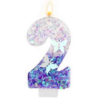 Geburtstag Zahlen Kerzen, 7,3 cm Schmetterling Kerze Geburtstag Lila Glitzer-Zahlenkerzen Lila Kuchendekoration Happy Birthday Niedliche Zahlenkerzen für Feiern (Zahl 2)