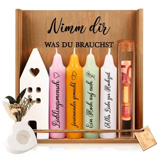 TUZELIYA Hochzeitsgeschenk - Kerzenset mit Kerzenständer - Kerzen Deko Geschenkidee - Nimm dir was du brauchst - Geschenke für Frauen, Freundin & Schwester(rosa, gelb, grün, weiß)