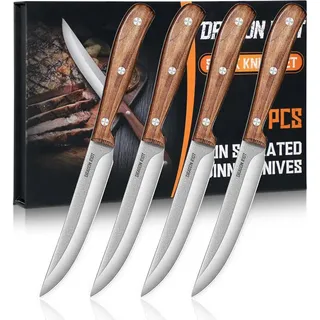 DRAGON RIOT Steakmesser Set 4-Teilig mit Holzgriff und Geschenkbox | Scharfes Steakbesteck mit Glatter Klinge, Präziser Schnitt, Hochwertige Verarbeitung, Ideal für Steak