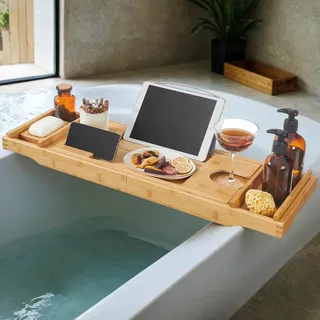 Badewannenablage , Ecru , Metall, Naturmaterialien , 75x4.5x23 cm , ausziehbar , Badaccessoires, Sonstige Badaccessoires