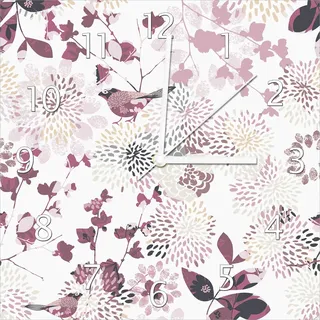 Wallario Design Wanduhr Blühende Vögel aus Echtglas, Größe 30 x 30 cm - Weiß