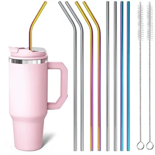 8 Stück 304 Edelstahl Lange Strohhalme, 30cm Wiederverwendbar Trinkhalme, mit Reinigungsbürsten und Silikon Stopfen, für 30/40 Unzen Becher, Glas und Stanley Cup Zubehör