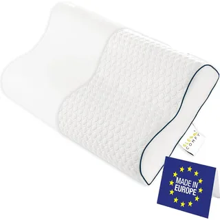 SLEEP COMFY - Premium Visco HWS Nackenkissen, 60x40x14/12cm, Kopfkissen mit Bezug, Nackenstützkissen Memory Foam Ergonomisches, Orthopädisches Kissen Seitenschläfer und Rückenschläfer, Antischnarchen