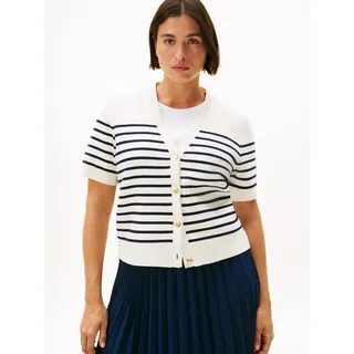 Strickjacke TOMMY HILFIGER CURVE "CRV CO JRSY MID GG GOLD BTN CRDI", Damen, Gr. 48, placed thin navy stp sweaters, Strick, Obermaterial: 85% Baumwolle, 15% Polyamid, gestreift, V-Ausschnitt, Bündchen, Strickjacken Strickjacke, in großen Größen, mit goldfarbenen Knöpfen