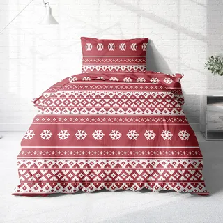 Träumschön Biber Bettwäsche Set 2tlg 135x200 cm + 80x80 cm – Flauschige Weihnachtsbettwäsche Rot – Weiche Winterbettwäsche mit Schneeflocken - Atmungsaktiv, Warm & Hautfreundlich - 100% Baumwolle