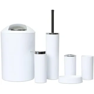 6tlg Badset Badezimmer Zubehör Set Organizer: Seifenspender, Zahnputzbecher, Kosmetikeimer, WC Bürste und Halter, Seifenschale, Mülleimer, Zahnbürstenhalter, Badgarnitur (Weiß Design 2a)