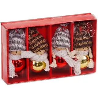 Brubaker 4-teiliges Set Weihnachtswichtel aus Holz und Strick - Baumanhänger Weihnachtsanhänger - 8 cm in Geschenkbox Rot