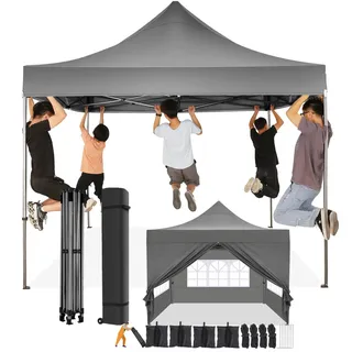 COBIZI Faltpavillon 3x3 Wasserdicht Stabil Winterfest mit Seitenwand,Pop Up Pavillon Partyzelt,Sonnenschutz Gartenpavillon,Pavillon Faltbar mit Tasche mit Rollen(3 mal 3m Grau)