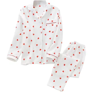 Schlafanzug Damen Lang mit Herz Print Pyjama Set, 2 Pieces Musselin Pyjama Partner Schlafanzüge Party Outfit, süßes Loungewear Set Langarm Button Down Shirt mit Herz-Print und Langer Hose