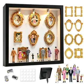 DIY Mini Museum Silhouetten Box mit LED, Mini Bilderrahmen Vintage, Shadow Box Bilderrahmen Set, Foto Erinnerungsanzeige Set mit 8 Mini-Goldrahmen 8 Figuren für Jahrestag, Hochzeit(Schwarz)