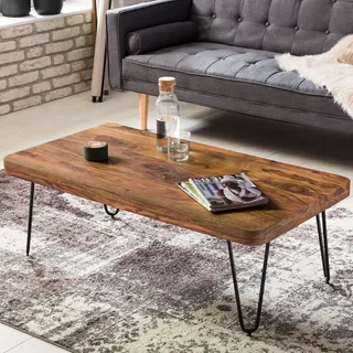FineBuy Couchtisch Massivholz 115 cm breit Wohnzimmertisch Metallbeine Landhaus - Braun