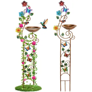 YADOOLIFE 144.8 cm hohe Vogeltränke mit Gartengitter für Kletterpflanzen im Freien, Metall-Vogeltränke mit dekorativen Schmetterlingen, freistehende Vogeltränke, Vogelfutterstation (Schmetterling)