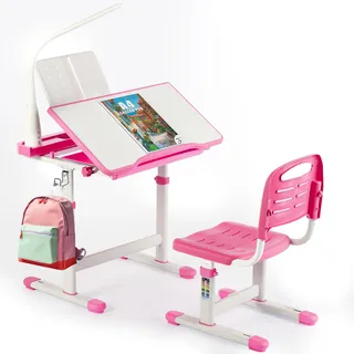 Clevich Höhenverstellbarer Schreibtisch und Stuhl Set, Kinderschreibtisch Stuhl mit Lampe, Jugendschreibtisch Kinder Multifunktionaler Schülerschreibtisch mit Schublade LesestäNder (Dunkelrosa)