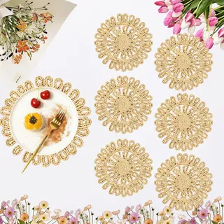 IcosaMro Runde gewebte Tischsets für Esstisch 6er-Set, 27.9 cm, kleine Boho-Tischsets, natürliches geflochtenes Rattan, rustikale Korbgeflecht-Ladeplatte für Urlaub, Thanksgiving, Bauernhaus, Beige