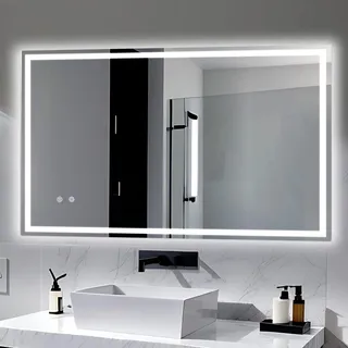 Clevich Badspiegel mit Beleuchtung 100×60 cm, LED Spiegel mit 3 Lichtfarben und dimmbar, Touch-Schalter und Beschlagfrei, gehärtetes Glas, Badezimmerspiegel mit Licht