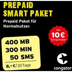 congstar Prepaid Smart Paket [SIM, Micro-SIM und Nano-SIM] - Das Prepaid Paket für Normalnutzer in bester D-Netz-Qualität inkl. 10 EUR Startguthaben.