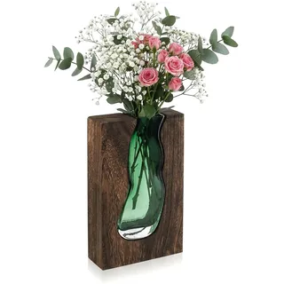 Blumenvase Moderne Vase Glas Vase, Elegante Glasvase Rechteckig Schmale Blumenvasen mit Holzsockel für Home Office Hochzeit Dekorations, Höhe 24 cm, Geschenk für Einweihungsparty feiern