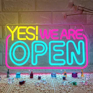 ineonlife Yes! We Are Open Led Schriftzug Open Neon Schild für Restaurant | We Are Open Text Led Schild 5-Stufiges USB Neon Sign, Bunt Öffnen Leuchtschild Wanddeko für Geschenk,Bar,Kaffee,Gewerbelokal