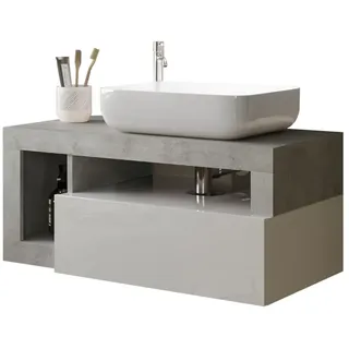 Robas Lund Hamburg Waschtisch, Modern, Badezimmer, 92x61x49 cm, Weiß Hochglanz/Betonoptik, Holzwerkstoff mit Keramik-Waschbecken, Wandmontage