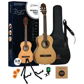 Ortega Guitars Konzertgitarre Einsteiger Set – Picker’s Pack – Inkl. Gigbag, Stimmgerät, Plektren, Gurt, Saiten, Ständer – Fichte, Katalpa, Natur (RPPC34)