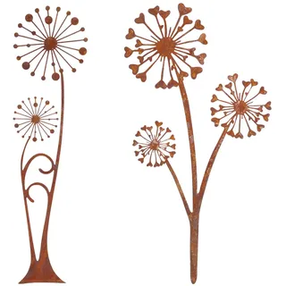 EclipseGuard 2 Stück Gartenstecker Metall Set, Rostdeko Edelrost Blumenstecker für Draußen, Wetterfeste Metallkunst Pusteblume mit Herzblüten-Design für Garten Balkon & Blumentopf