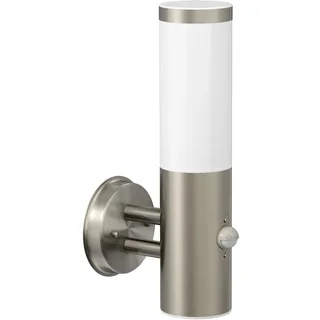 ledscom.de Wandleuchte PORU für außen, IP44, Bewegungsmelder, Edelstahl, edelstahl matt, rund, 1x E27 max. 15W