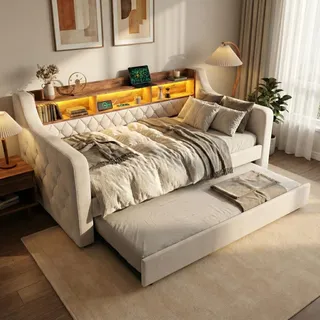 LVHOM Tagesbett ausziehbar 90x190cm mit Stauraum, USB und LED, Schlafsofa mit Ausziehbett, Samt Daybed mit Lattenrost, Daybett mit Knopfheftung, Beige - Grau