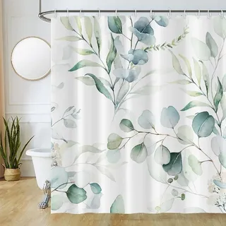 Uiiooazy Duschvorhang Anti Schimmel, Duschvorhang 180x220cm Eukalyptus Grüne Blätter Weiß Blumen Duschvorhänge Textil Waschbar Wasserdicht Polyester Stoff Bad Vorhang mit 12 Haken für Badezimmer